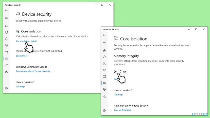 Windows Security Device security page with Core isolation details, and the Core isolation page with the Memory integrity switch in the Off position