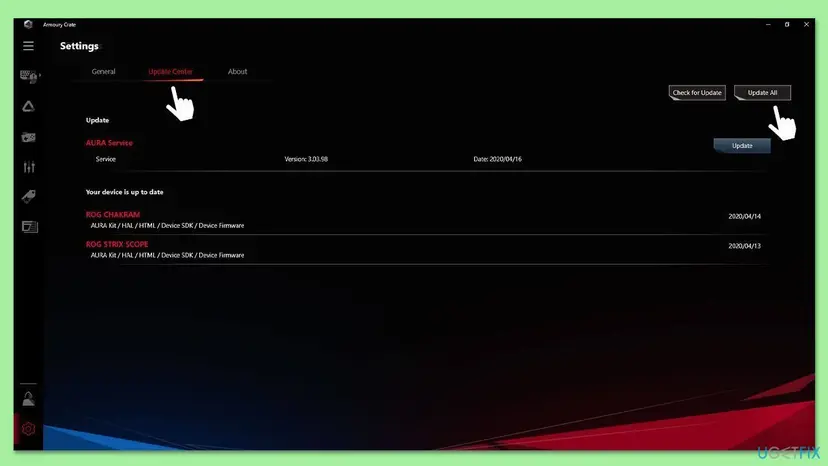 Armoury Crate Settings with the Update Center tab open, a list of AURA Service and device updates, and the Check for Update and Update All buttons