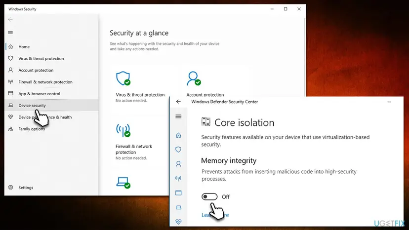 Windows Security Device security menu and the Core isolation page with the Memory integrity switch shown in the Off position