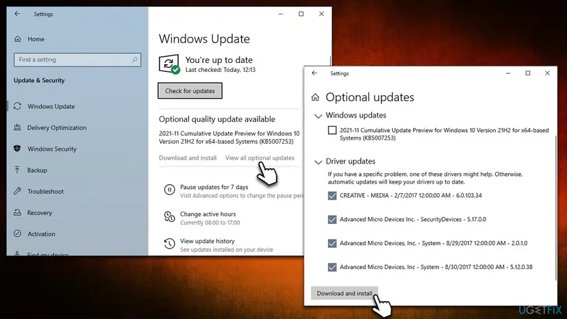Windows 10 Settings with Windows Update and the Optional updates page listing driver updates with checkboxes and a Download and install button