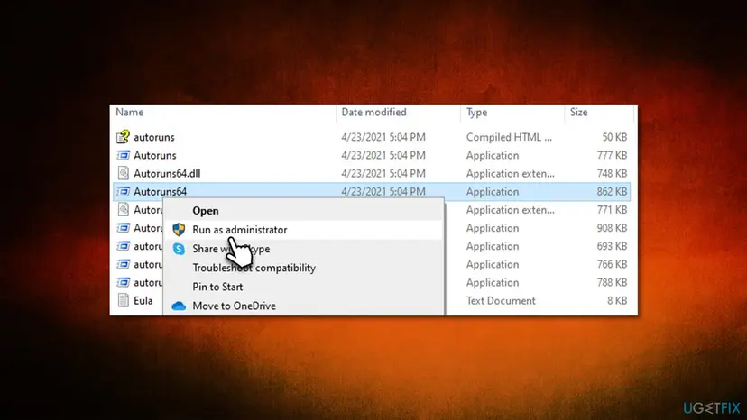 Extracted Autoruns folder in File Explorer with the right-click menu on Autoruns64 and Run as administrator highlighted