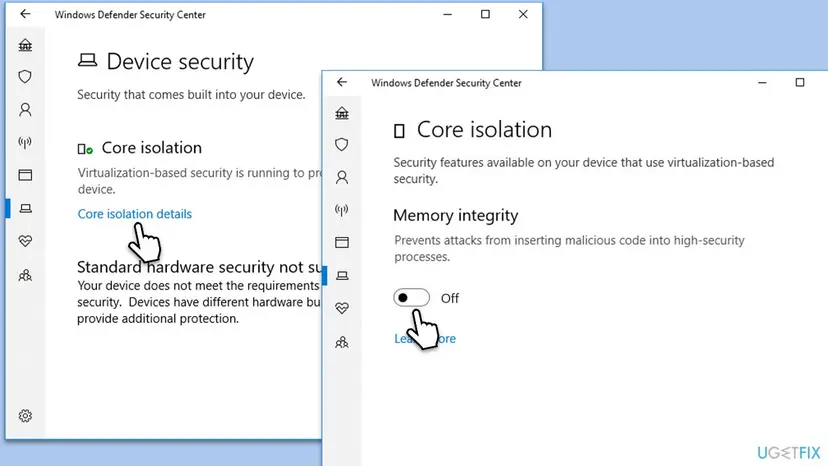 Windows Security Device security page with Core isolation details and the Core isolation page showing the Memory integrity switch in the Off position