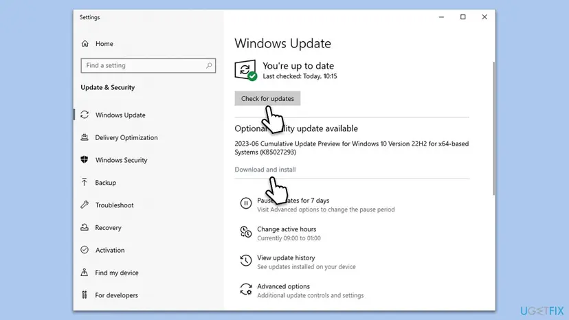 Windows 10 Settings on the Windows Update page with the Check for updates button and an optional update with a Download and install link
