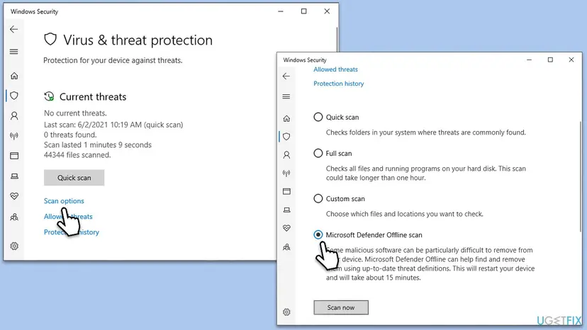Windows Security Virus and threat protection page with Scan options, and the scan list with Microsoft Defender Offline scan selected and the Scan now button