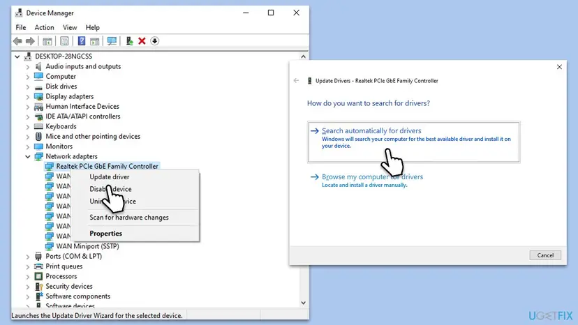 Device Manager with a network adapter right-clicked and Update driver chosen, next to the Update Drivers window with Search automatically for drivers