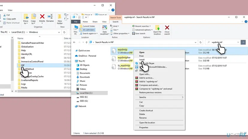File Explorer search for wpdmtp.inf in C:\Windows\INF with the right-click menu open and Install highlighted