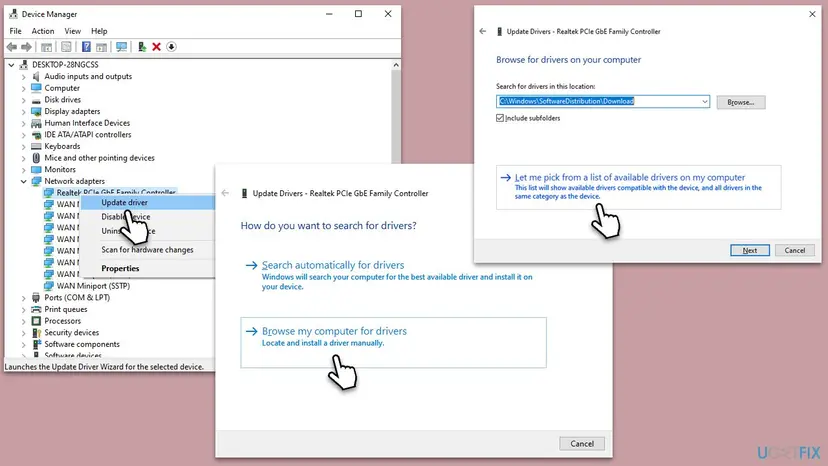 Device Manager with Update driver selected, the Browse my computer for drivers option and the Let me pick from a list of available drivers link