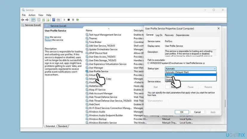 Services window with User Profile Service Properties open, showing startup type Automatic, status Running and the description about signing in