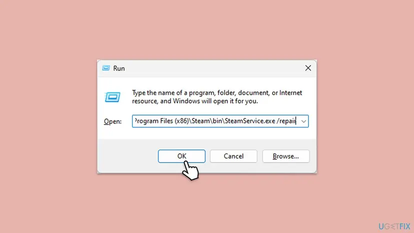 Windows 11 Run dialog with the command Program Files (x86) Steam bin SteamService.exe /repair typed in the Open box and the OK button selected