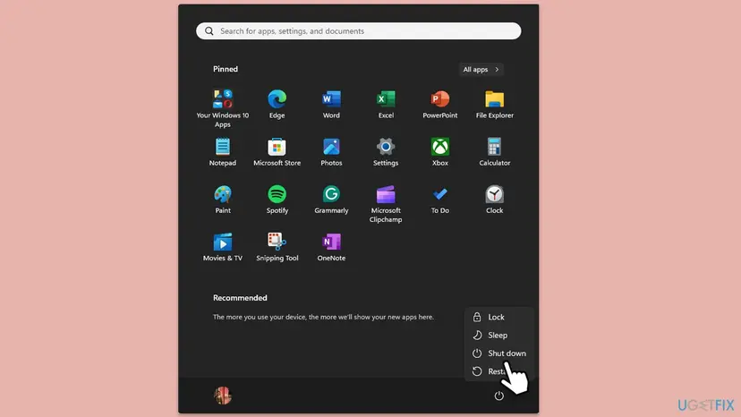 Windows 11 Start menu with the power menu open showing Lock, Sleep, Shut down and Restart, with Restart being selected