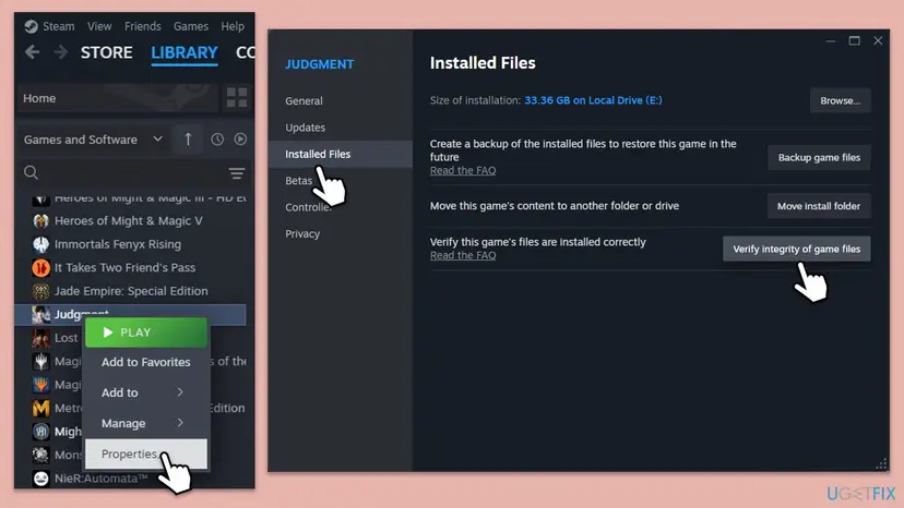 Steam Library with the right-click menu of a game open at Properties, next to the Installed Files page with the Verify integrity of game files button