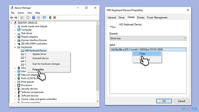 Device Manager with HID Keyboard Device Properties open on the Details tab, Driver key selected and its value being copied