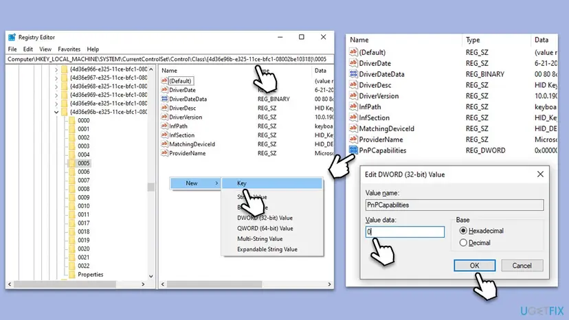 Registry Editor at the keyboard's driver key under Control Class with the PnPCapabilities DWORD value being set to 0