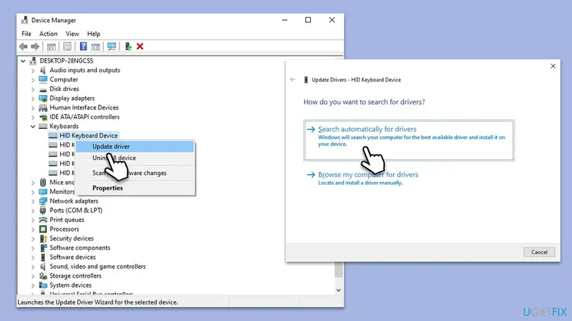 Device Manager with HID Keyboard Device right-clicked, Update driver selected and the Update Drivers window offering Search automatically for drivers