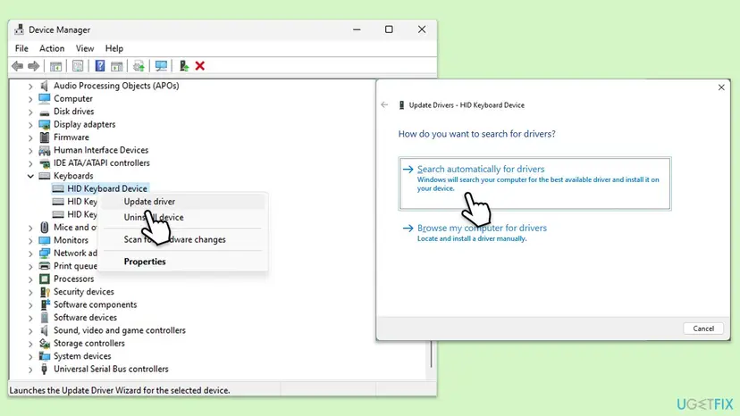 Device Manager on Windows 11 with Keyboards expanded, HID Keyboard Device right-clicked to Update driver, and the box Search automatically for drivers
