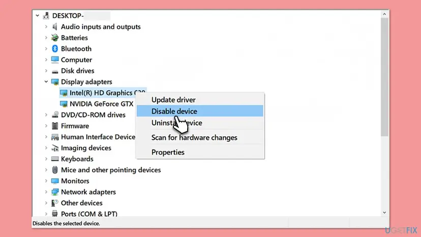 Device Manager on Windows 10 with Display adapters expanded and the right-click menu of an integrated graphics entry showing Disable device