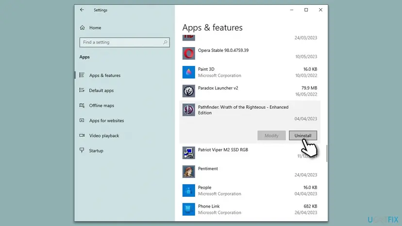 Windows 10 Settings Apps and features list with a game selected and the Uninstall button pressed next to Modify