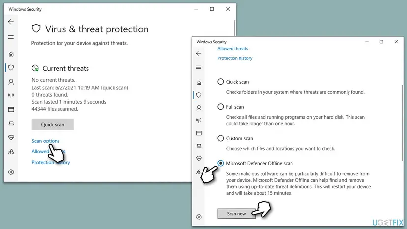 Windows Security Virus and threat protection with Scan options open and the Microsoft Defender Offline scan option selected above the Scan now button