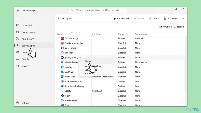Windows 11 Task Manager on the Startup apps page with the right-click menu of an app open and Disable highlighted