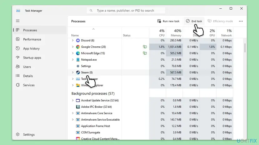 Windows 11 Task Manager on the Processes page with an app selected under Apps and the End task button at the top highlighted