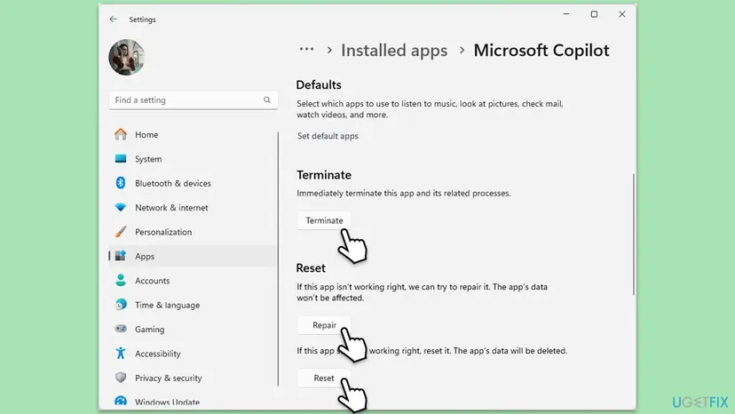 Windows 11 Settings, Installed apps, advanced options of an app with the Terminate, Repair and Reset buttons highlighted