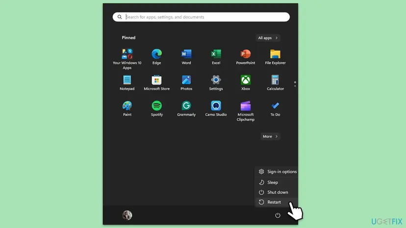 Windows 11 Start menu with the Power button menu open and the options Sign-in options, Sleep, Shut down and Restart, with Restart highlighted