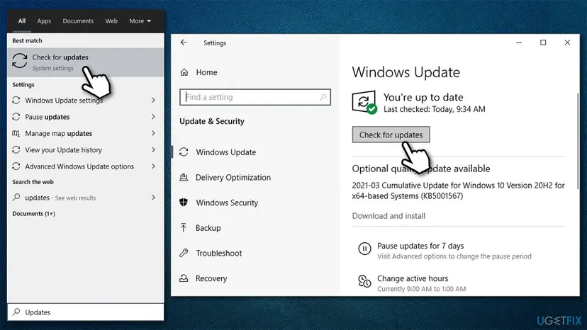 Windows search for Updates with Check for updates selected, next to the Windows 10 Windows Update page with the Check for updates button and an optional update