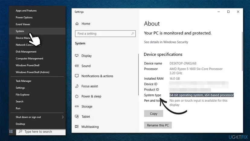 Windows 10 Start button menu with System selected, next to Settings About page showing Device specifications and System type 64-bit operating system