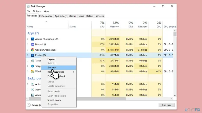 Task Manager on the Processes page with the Apps group and the Background processes group, and End task in the right-click menu of Photos