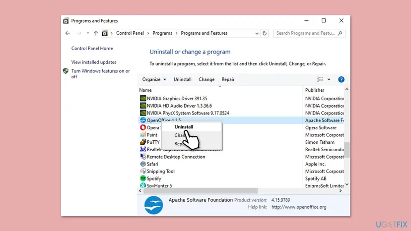 Programs and Features in Control Panel with a program selected and its right-click menu showing Uninstall, Change and Repair