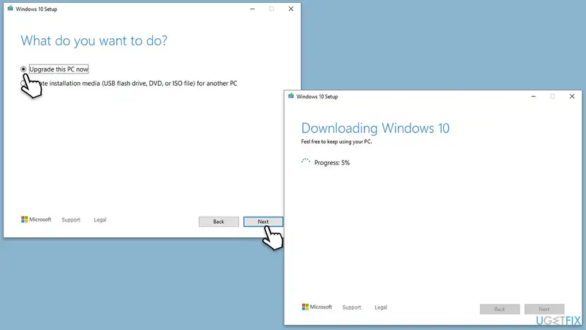 Windows 10 Setup from the Media Creation Tool with Upgrade this PC now selected and the next screen downloading Windows 10