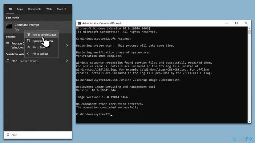 Command Prompt run as administrator on Windows 10 with sfc /scannow and the DISM Cleanup-Image commands typed in