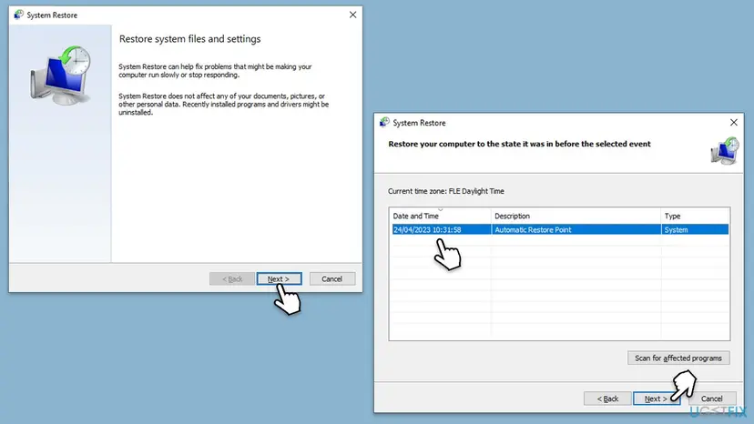 System Restore wizard on Windows 10 with the introduction page and the list of restore points, a point selected and the Next button