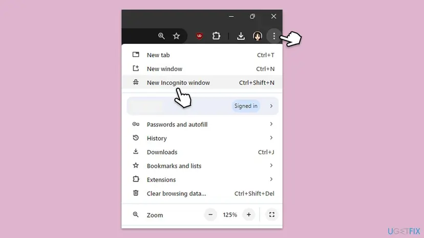 Chrome menu opened from the three dots with the entry New Incognito window and its shortcut Ctrl+Shift+N highlighted
