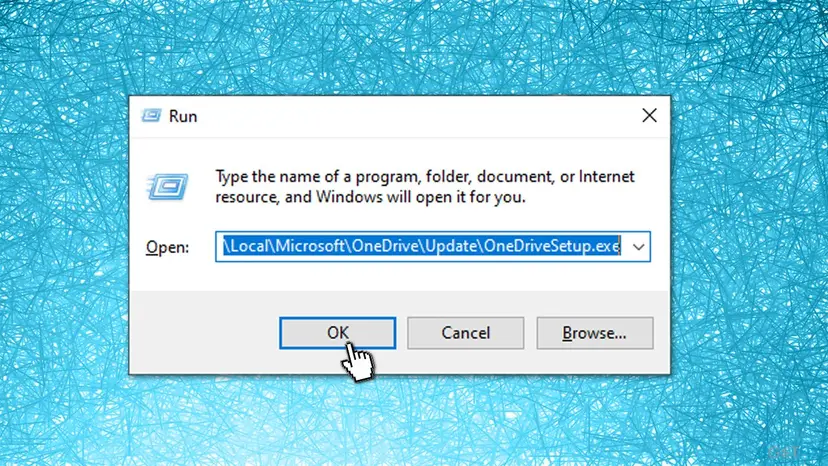 Windows Run dialog with the OneDriveSetup.exe path from the user's AppData OneDrive Update folder typed in, ready to reinstall OneDrive