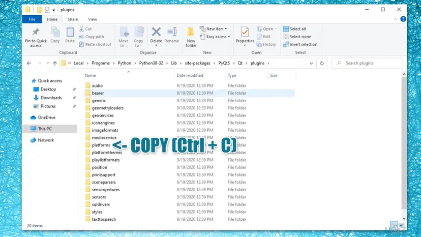 File Explorer open at the PyQt5 Qt plugins folder with the platforms folder selected for copying into the pyqt5_tools Qt bin folder
