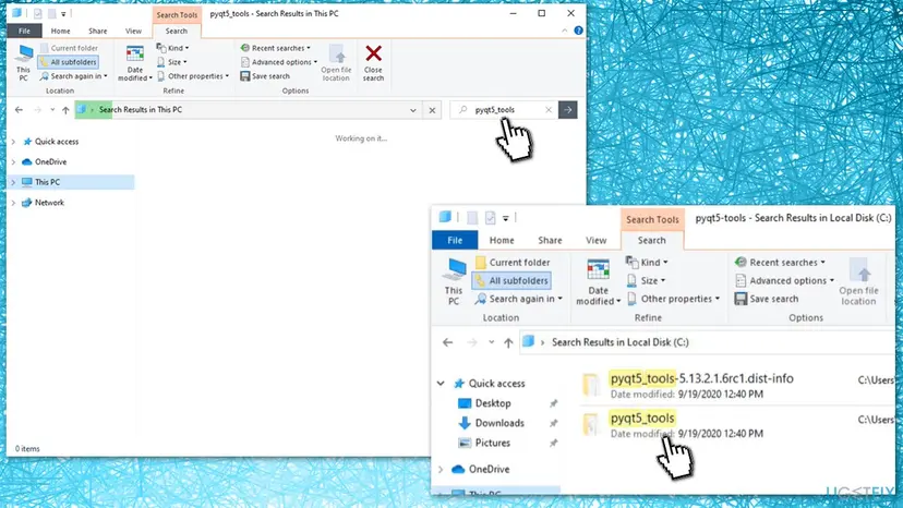 File Explorer on This PC searching for pyqt5_tools, with the matching pyqt5_tools folder in the search results and its Open folder location option