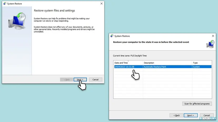 System Restore wizard on Windows 10: the first screen with Next, and the list of restore points with one automatic restore point selected