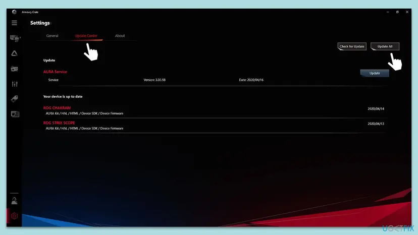 Armoury Crate Settings with the Update Center tab open, an AURA Service update listed, and the Check for Update and Update All buttons at the top right