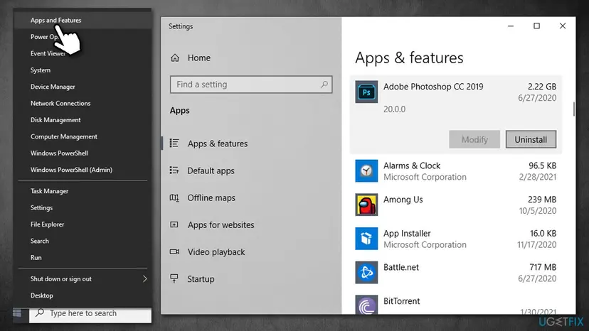 Windows 10 Settings Apps and features with Adobe Photoshop CC 2019 selected and its Modify and Uninstall buttons visible