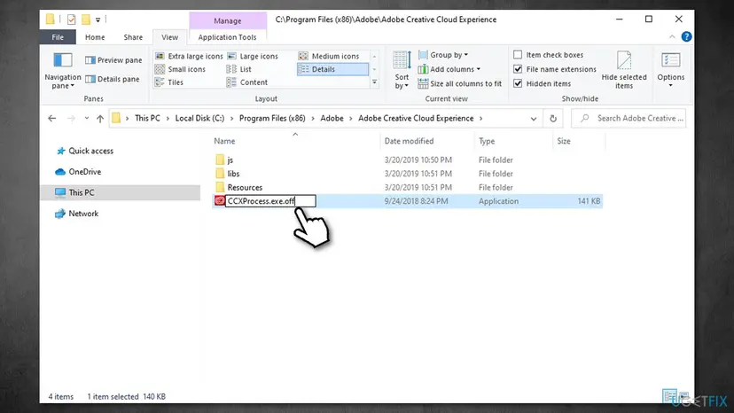 File Explorer in C:\Program Files (x86)\Adobe\Adobe Creative Cloud Experience with the file renamed to CCXProcess.exe.off next to the js, libs and Resources folders