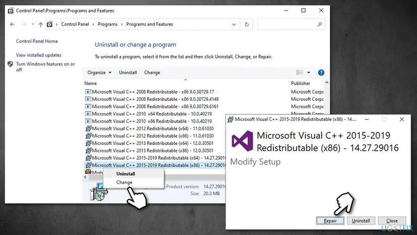 Control Panel Programs and Features listing Visual C++ packages from 2008 to 2015-2019, with the Modify Setup window and its Repair, Uninstall and Close buttons