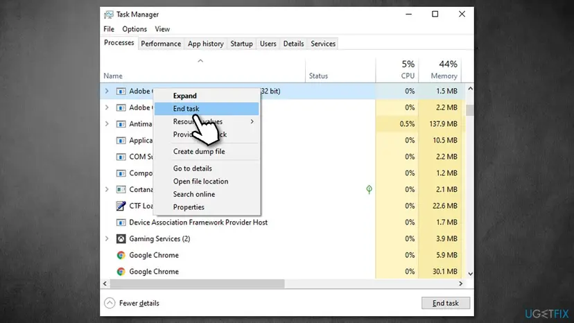 Windows 10 Task Manager Processes tab with an Adobe process right-clicked and End task highlighted in the menu, next to Open file location