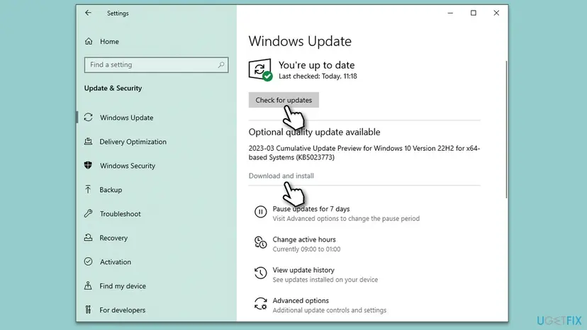 Windows 10 Settings, Windows Update page with the Check for updates button and an optional quality update with its Download and install link