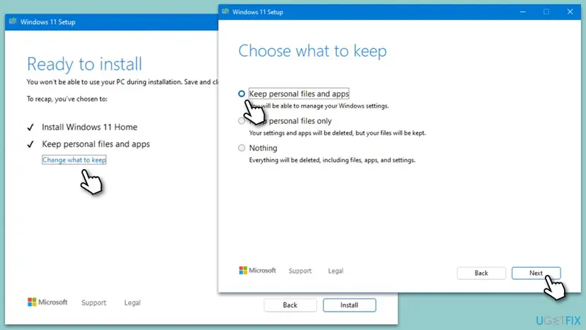 Windows 11 Setup Ready to install page with Change what to keep, and the Choose what to keep page with Keep personal files and apps selected