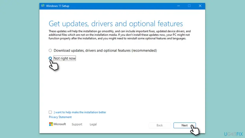 Windows 11 Setup window, Get updates, drivers and optional features page, with Not right now selected and the Next button