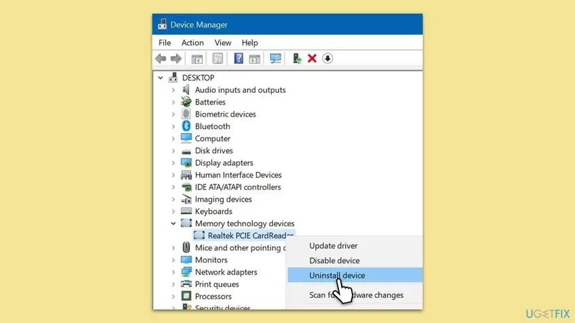 Device Manager with Memory technology devices expanded, a card reader entry selected and its right-click menu showing Update driver, Disable device and Uninstall device