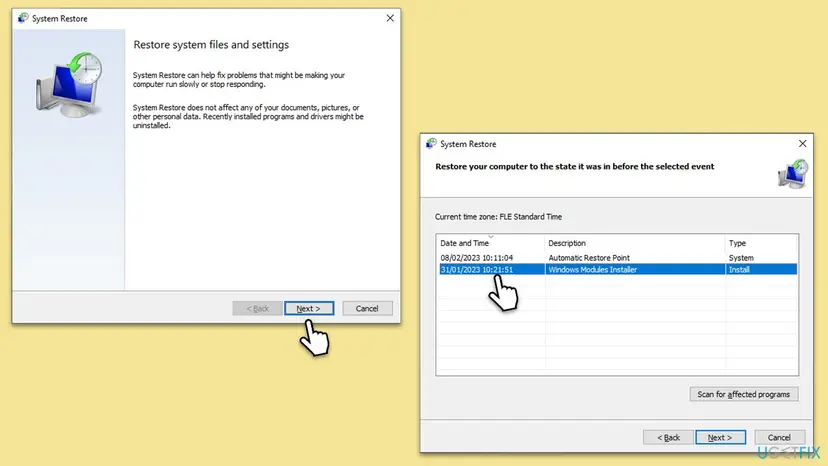 Two System Restore windows: the first page with the Next button, and the list of restore points with date, description and type