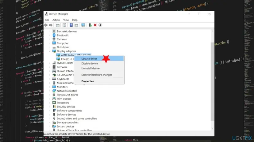 Device Manager with Display adapters expanded and the right-click menu of the graphics card showing Update driver, Disable device and Uninstall device