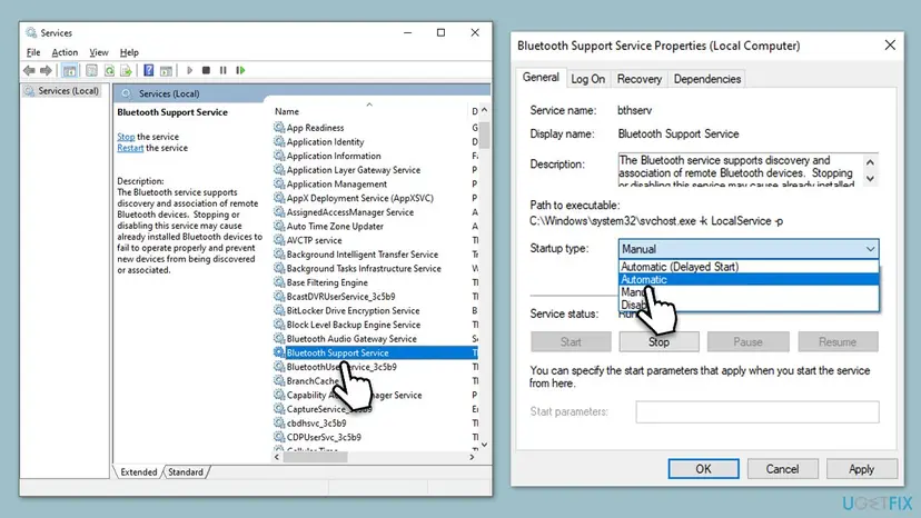 Windows Services list with Bluetooth Support Service selected and its Properties window showing service name bthserv, path svchost.exe -k LocalService -p and the Startup type list